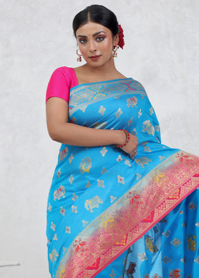 Blue Dupion Silk Saree With Blouse Piece