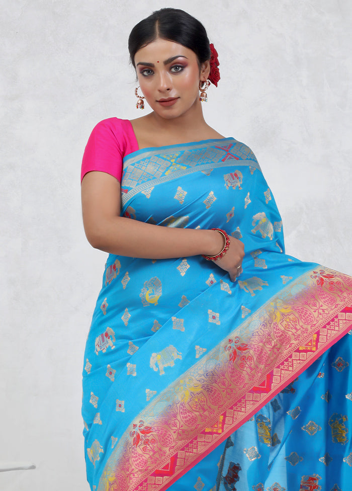 Blue Dupion Silk Saree With Blouse Piece
