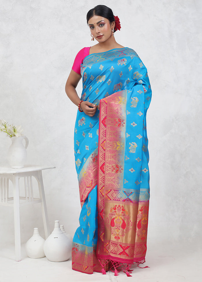 Blue Dupion Silk Saree With Blouse Piece