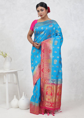 Blue Dupion Silk Saree With Blouse Piece