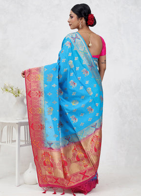 Blue Dupion Silk Saree With Blouse Piece