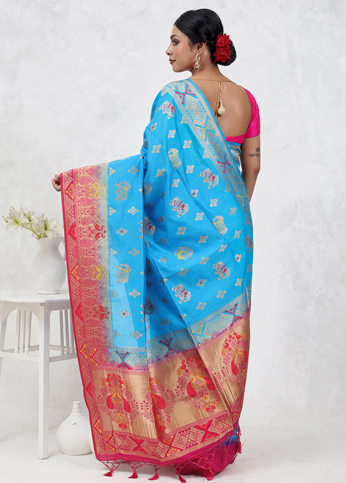 Blue Dupion Silk Saree With Blouse Piece