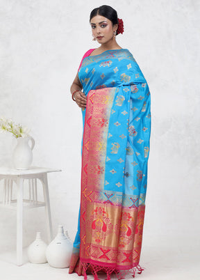 Blue Dupion Silk Saree With Blouse Piece