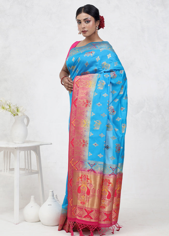 Blue Dupion Silk Saree With Blouse Piece