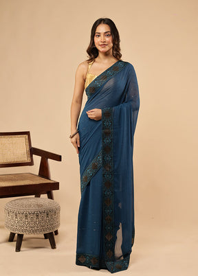 Blue Chiffon Silk Saree With Blouse Piece