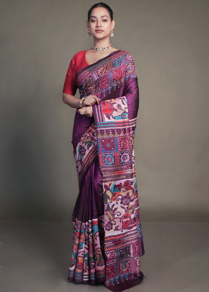 Purple Handloom Kantha Stitch Pure Silk Saree With Blouse Piece