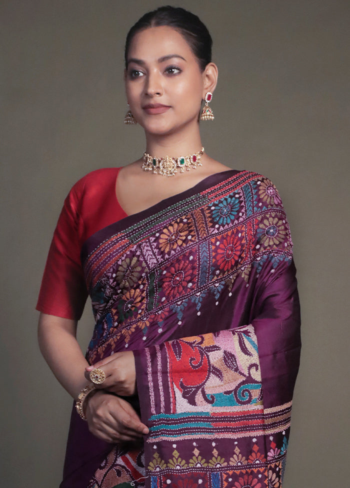 Purple Handloom Kantha Stitch Pure Silk Saree With Blouse Piece