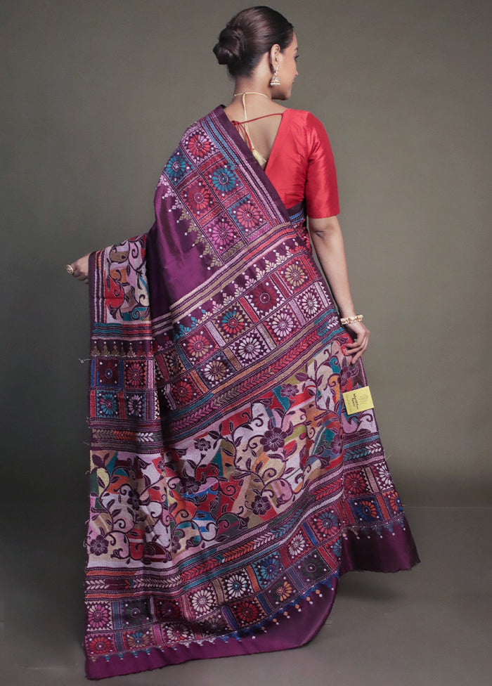Purple Handloom Kantha Stitch Pure Silk Saree With Blouse Piece