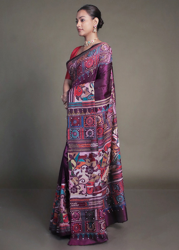 Purple Handloom Kantha Stitch Pure Silk Saree With Blouse Piece