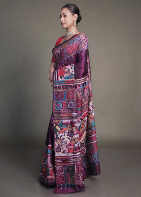 Purple Handloom Kantha Stitch Pure Silk Saree With Blouse Piece
