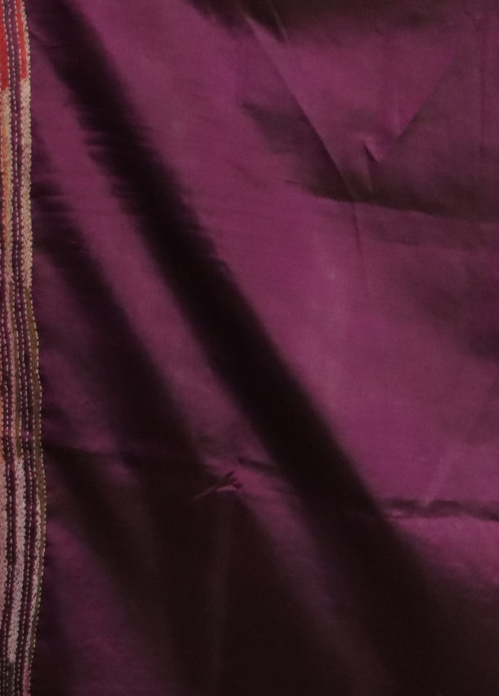 Purple Handloom Kantha Stitch Pure Silk Saree With Blouse Piece
