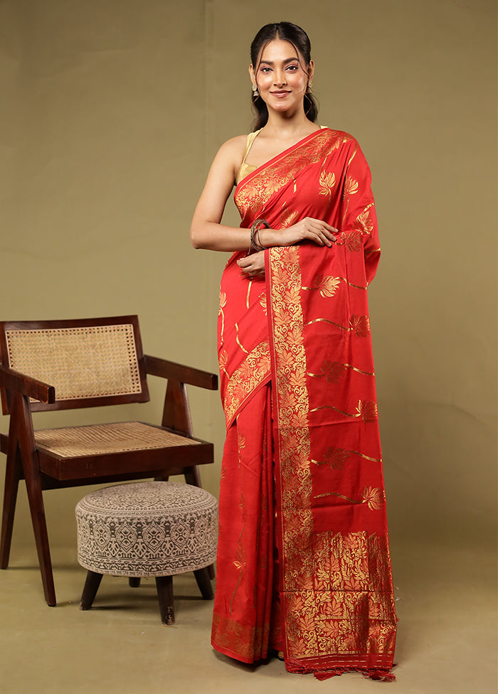 Red Dupion Silk Saree With Blouse Piece