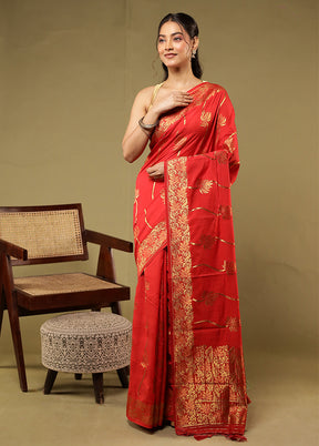 Red Dupion Silk Saree With Blouse Piece