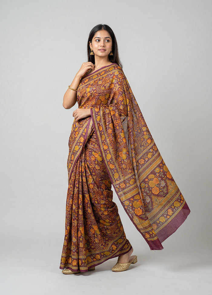 Purple Printed Silk Saree Without Blouse Piece