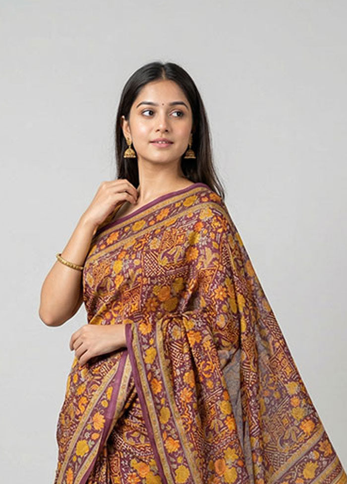 Purple Printed Silk Saree Without Blouse Piece