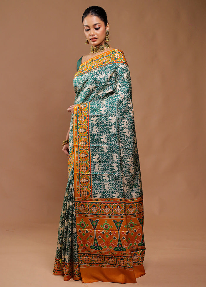 Green Printed Pure Silk Saree Without Blouse Piece