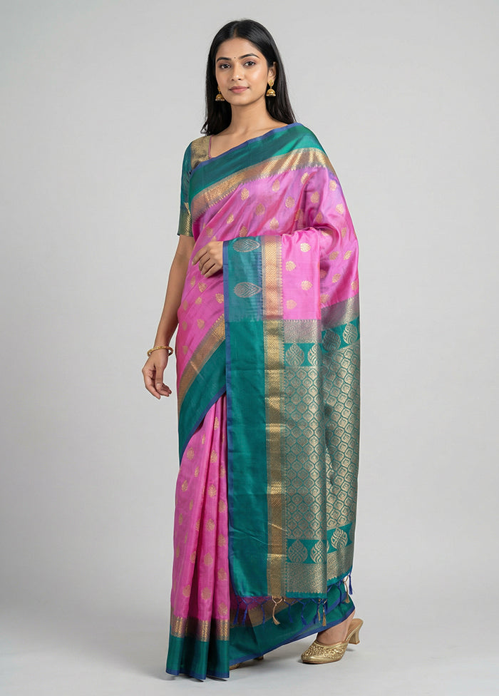 Pink Handloom Kanjivaram Pure Silk Saree With Blouse Piece