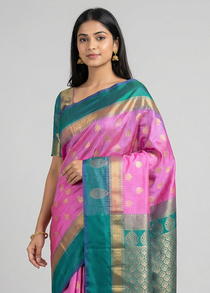 Pink Handloom Kanjivaram Pure Silk Saree With Blouse Piece