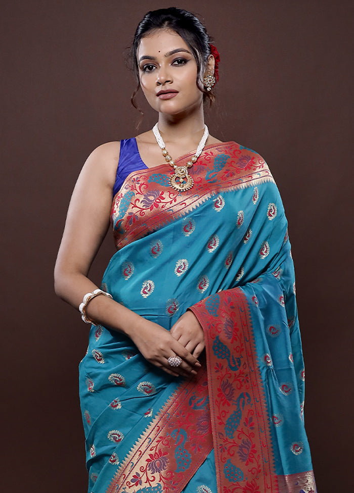 Blue Kanjivaram Silk Saree With Blouse Piece
