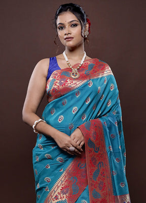 Blue Kanjivaram Silk Saree With Blouse Piece