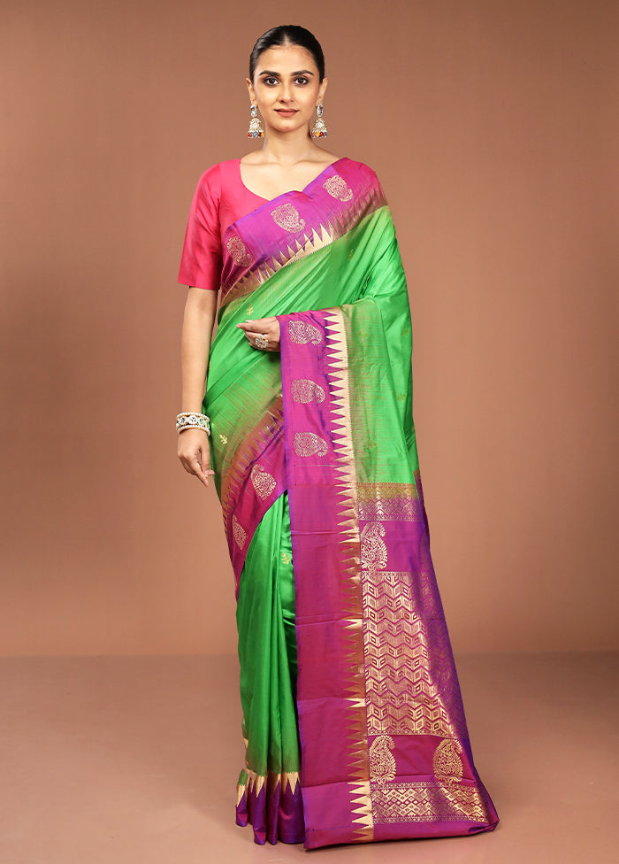 Green Handloom Kanjivaram Pure Silk Saree With Blouse Piece