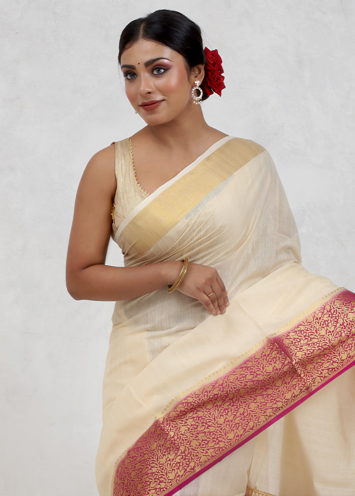Cream Dupion Silk Saree With Blouse Piece