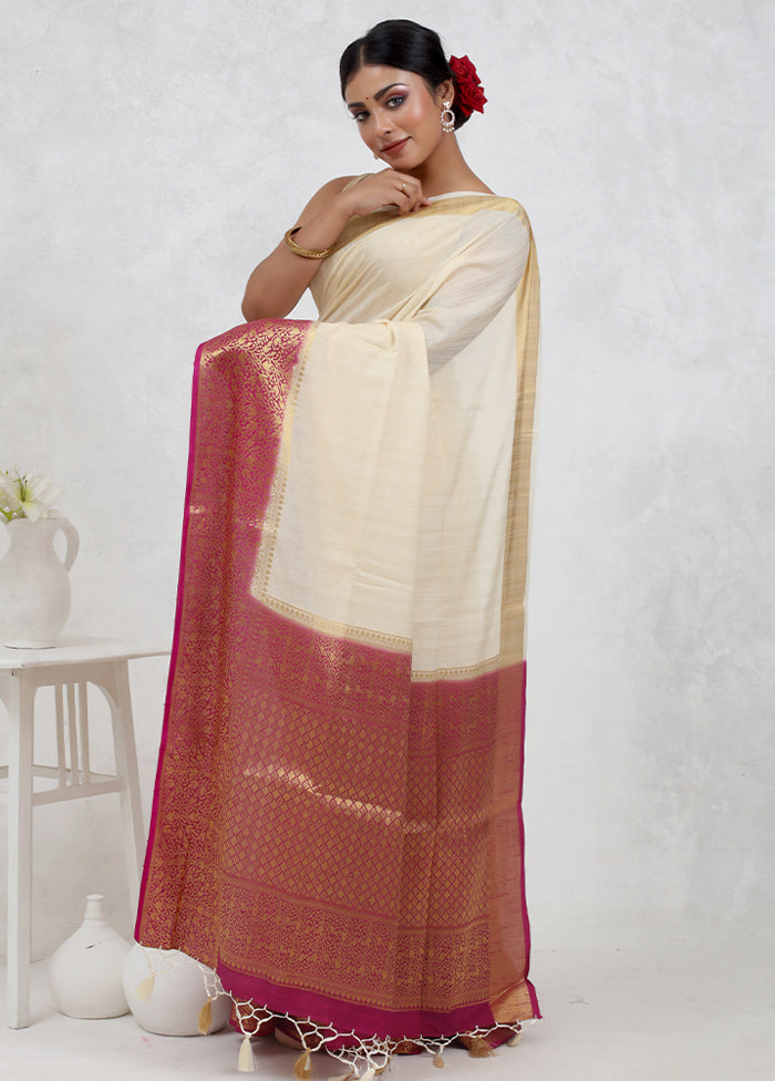 Cream Dupion Silk Saree With Blouse Piece
