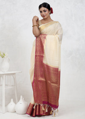 Cream Dupion Silk Saree With Blouse Piece