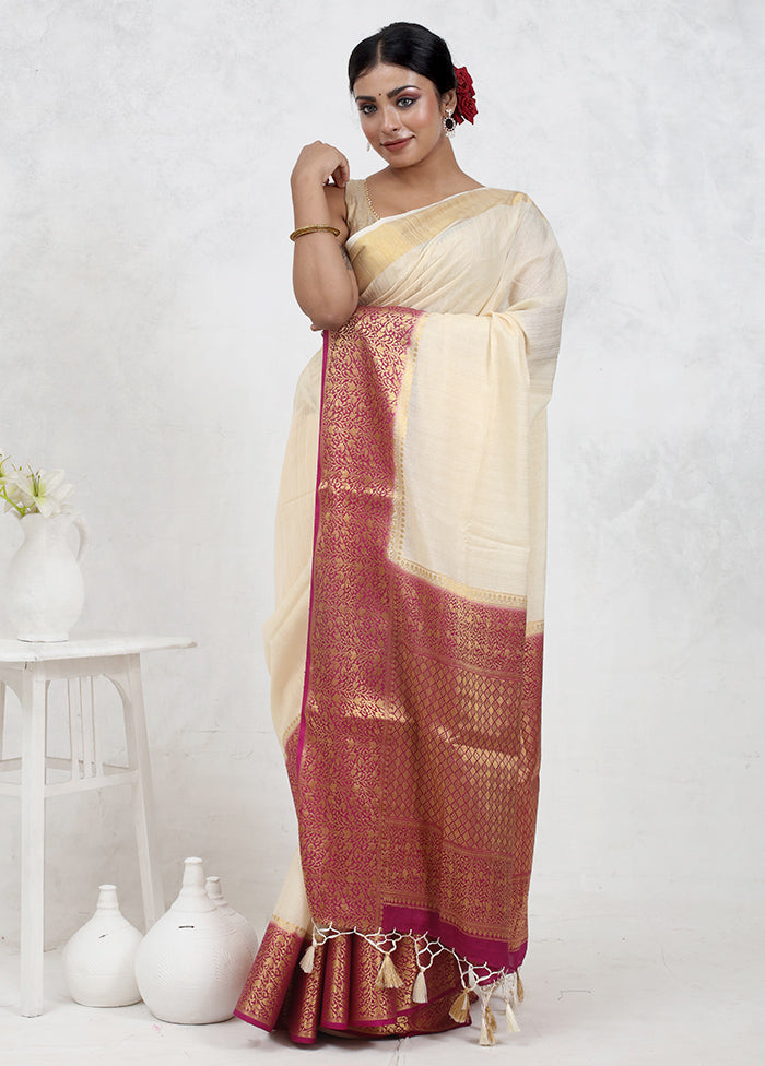 Cream Dupion Silk Saree With Blouse Piece