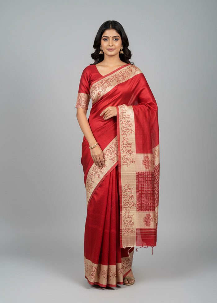 Red Tussar Silk Saree With Blouse Piece