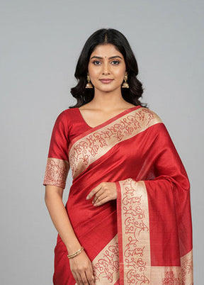 Red Tussar Silk Saree With Blouse Piece