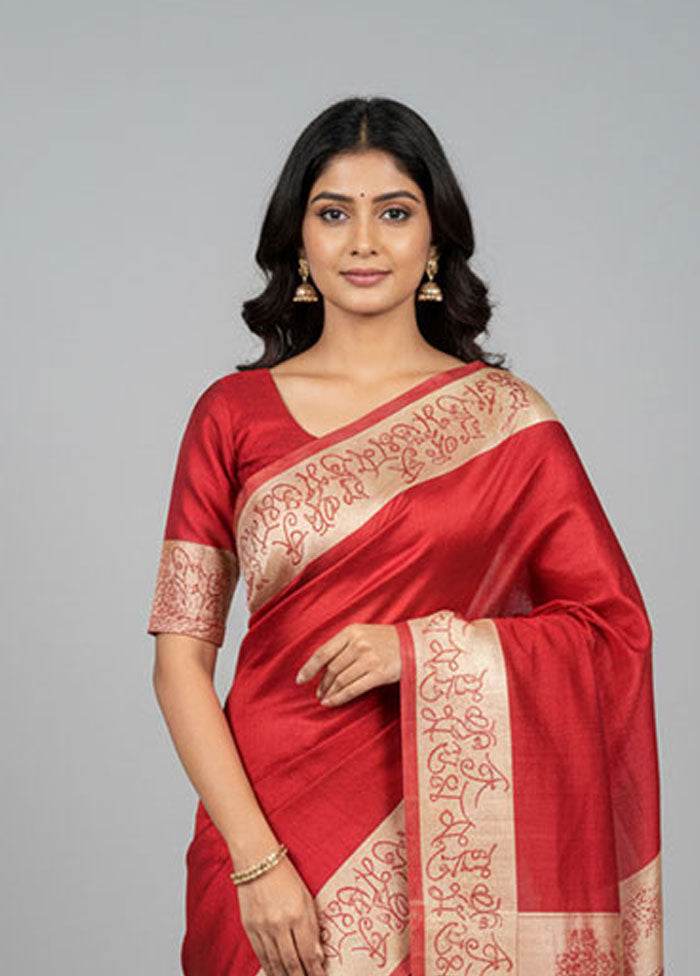 Red Tussar Silk Saree With Blouse Piece