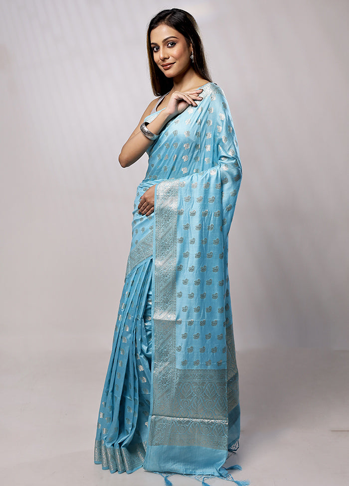 Blue Cotton Saree With Blouse Piece