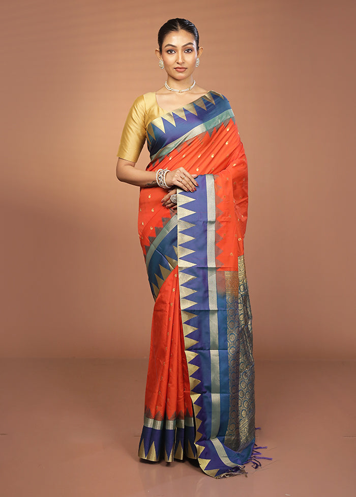 Orange Kanjivaram Silk Saree With Blouse Piece