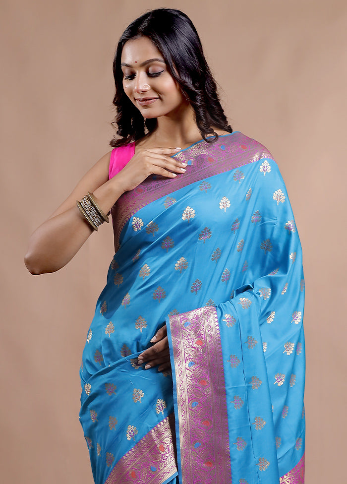 Blue Dupion Silk Saree With Blouse Piece