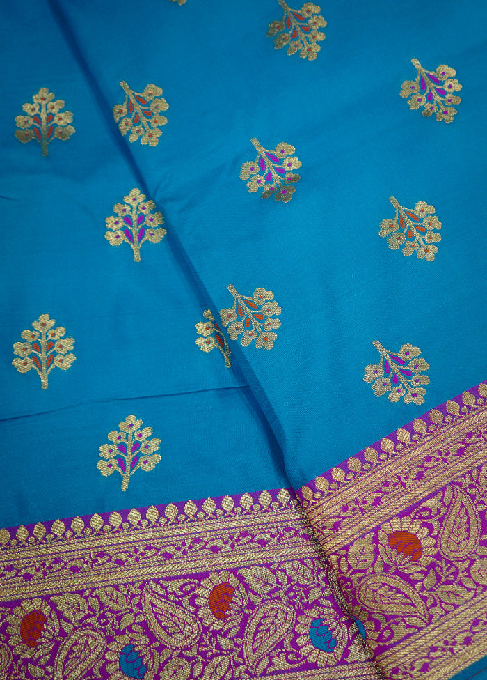 Blue Dupion Silk Saree With Blouse Piece