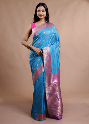 Blue Dupion Silk Saree With Blouse Piece