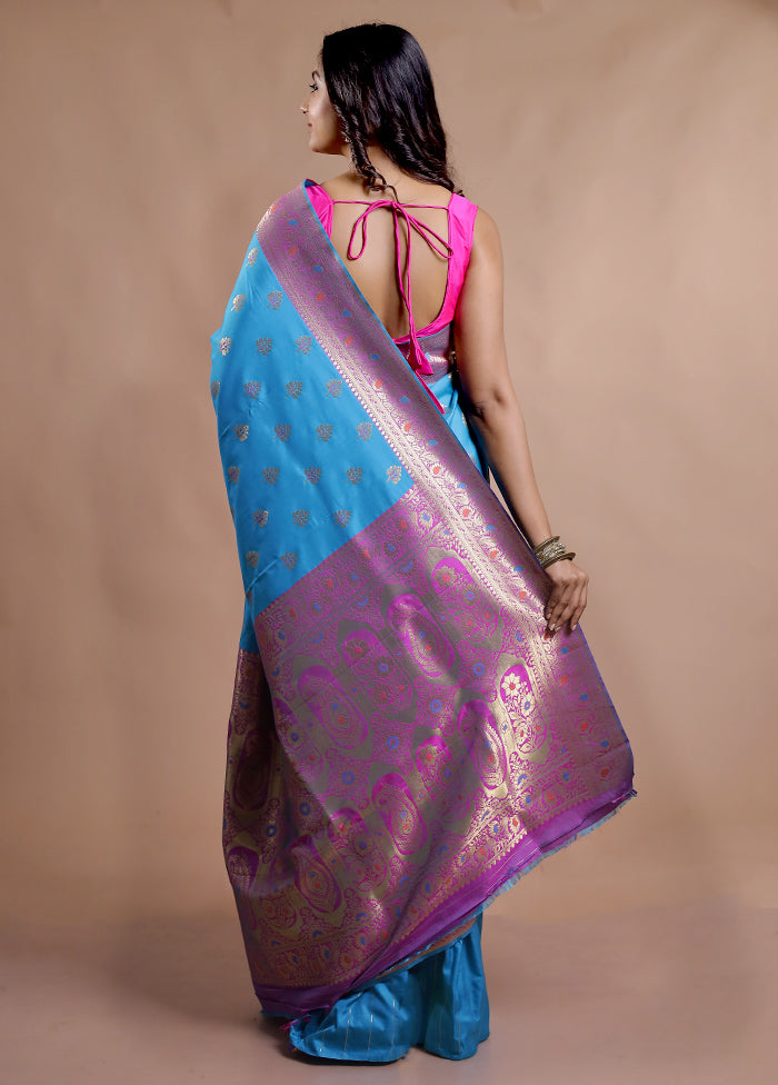 Blue Dupion Silk Saree With Blouse Piece
