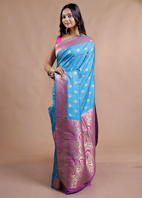 Blue Dupion Silk Saree With Blouse Piece
