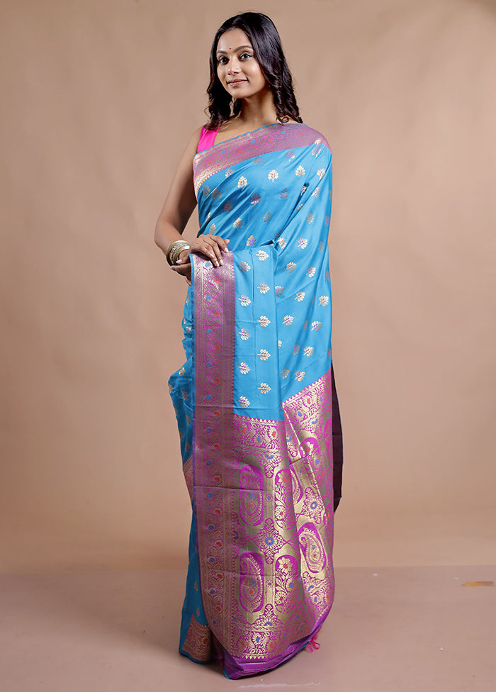 Blue Dupion Silk Saree With Blouse Piece