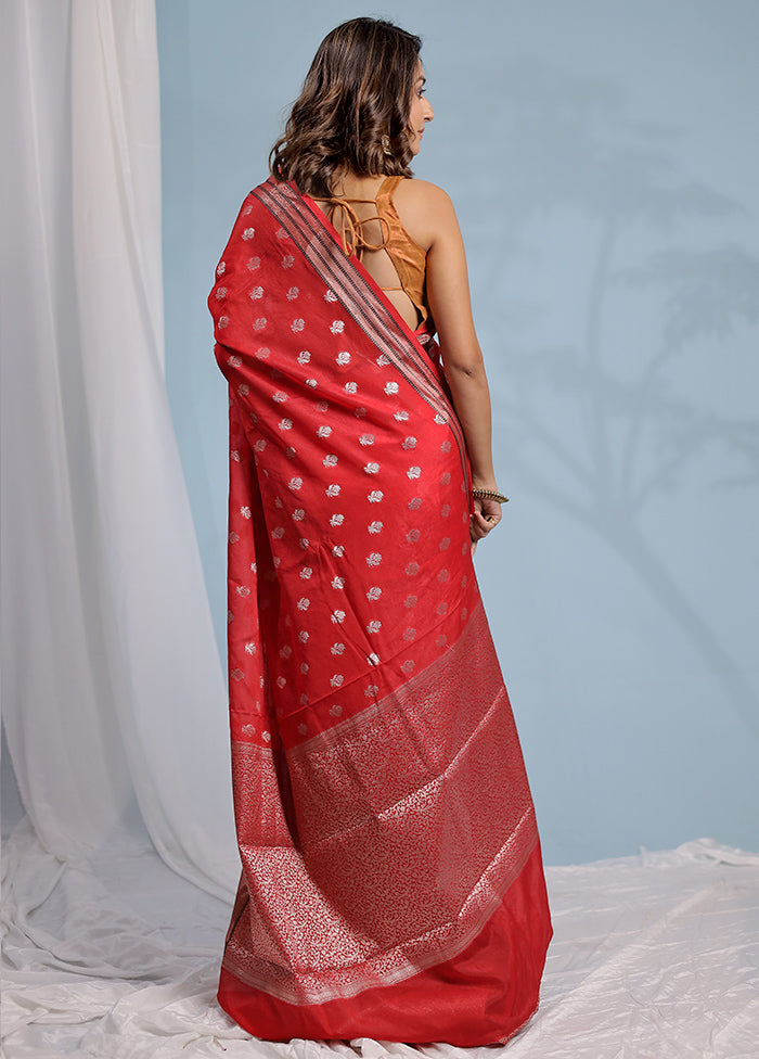 Red Dupion Silk Saree With Blouse Piece