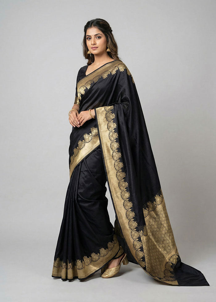 Black Handloom Katan Pure Silk Saree With Blouse Piece