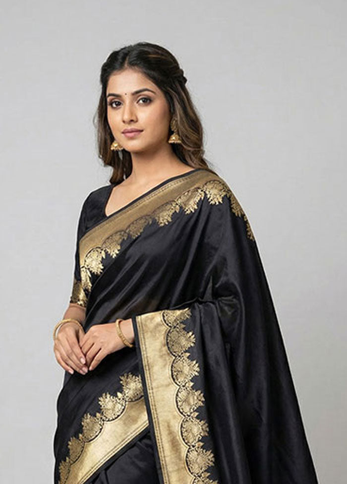 Black Handloom Katan Pure Silk Saree With Blouse Piece