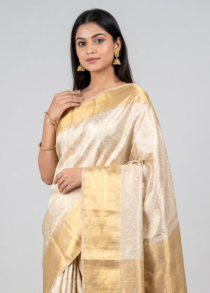 Cream Handloom Katan Pure Silk Saree With Blouse Piece