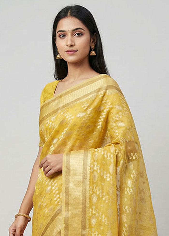 Yellow Kora Silk Saree With Blouse Piece