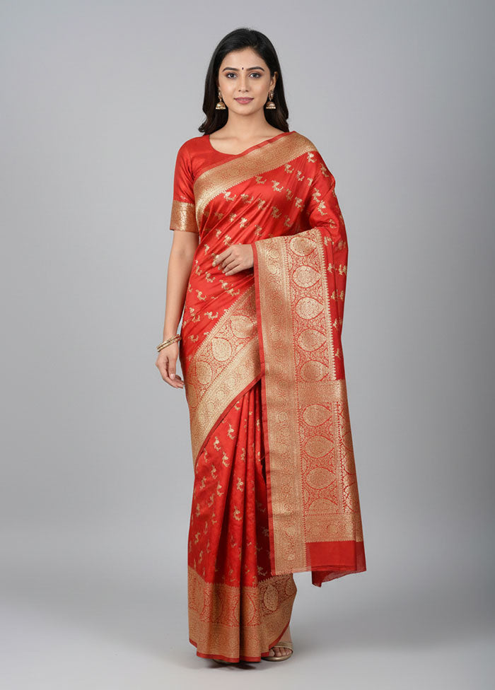 Red Banarasi Silk Saree With Blouse Piece