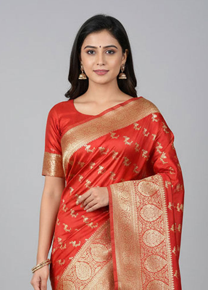 Red Banarasi Silk Saree With Blouse Piece