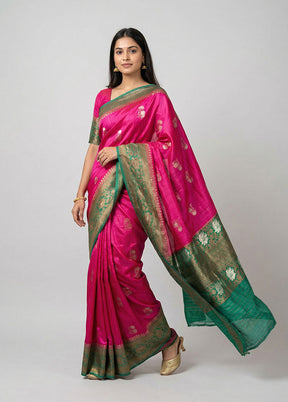 Pink Handloom Tussar Pure Silk Saree With Blouse Piece