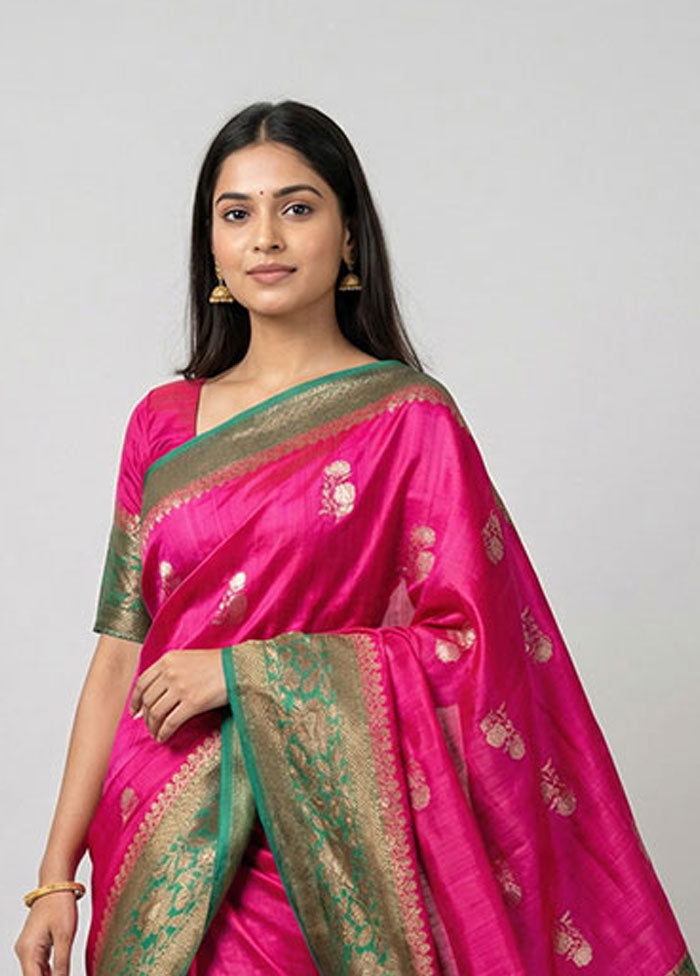 Pink Handloom Tussar Pure Silk Saree With Blouse Piece