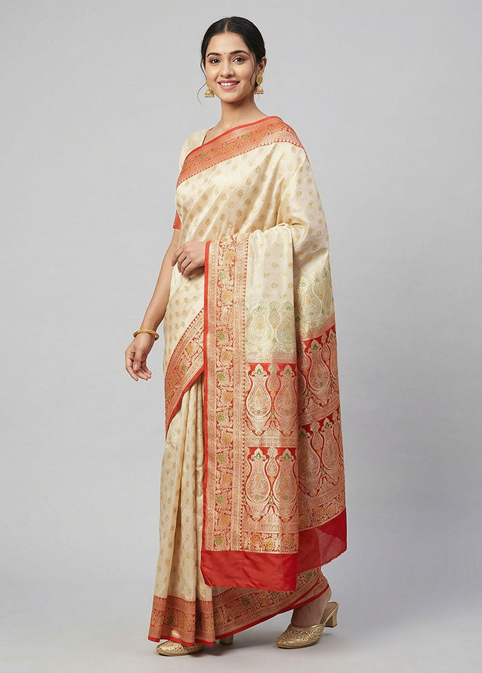 Cream Banarasi Silk Saree With Blouse Piece